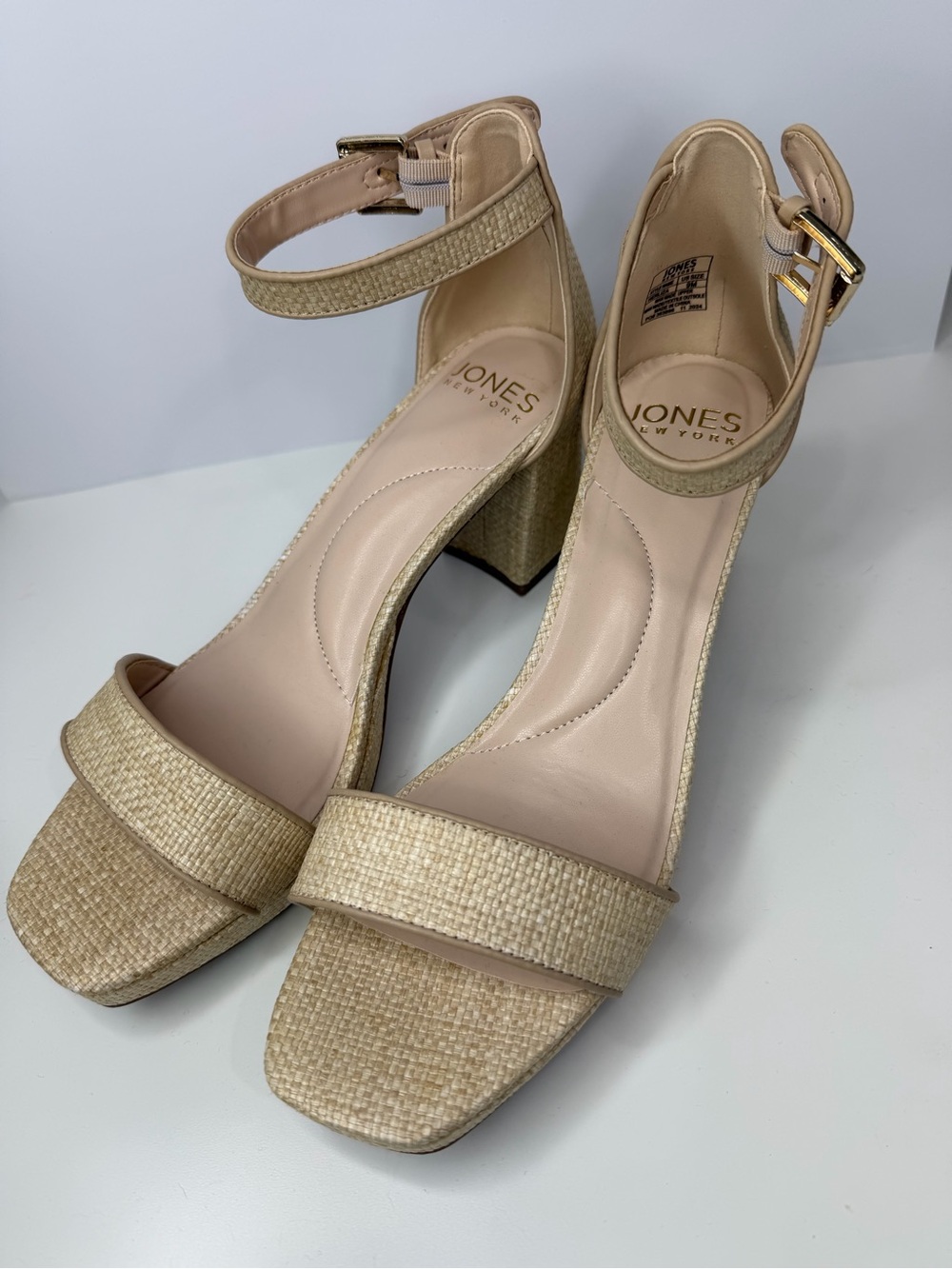 Jones New York Neutral Woven Beige Block Heel Sandals